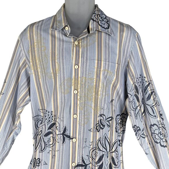 Tommy Bahama Mens L Indigo Palms Striped Front Back Graphic Button Up Shirt - Picture 3 of 15
